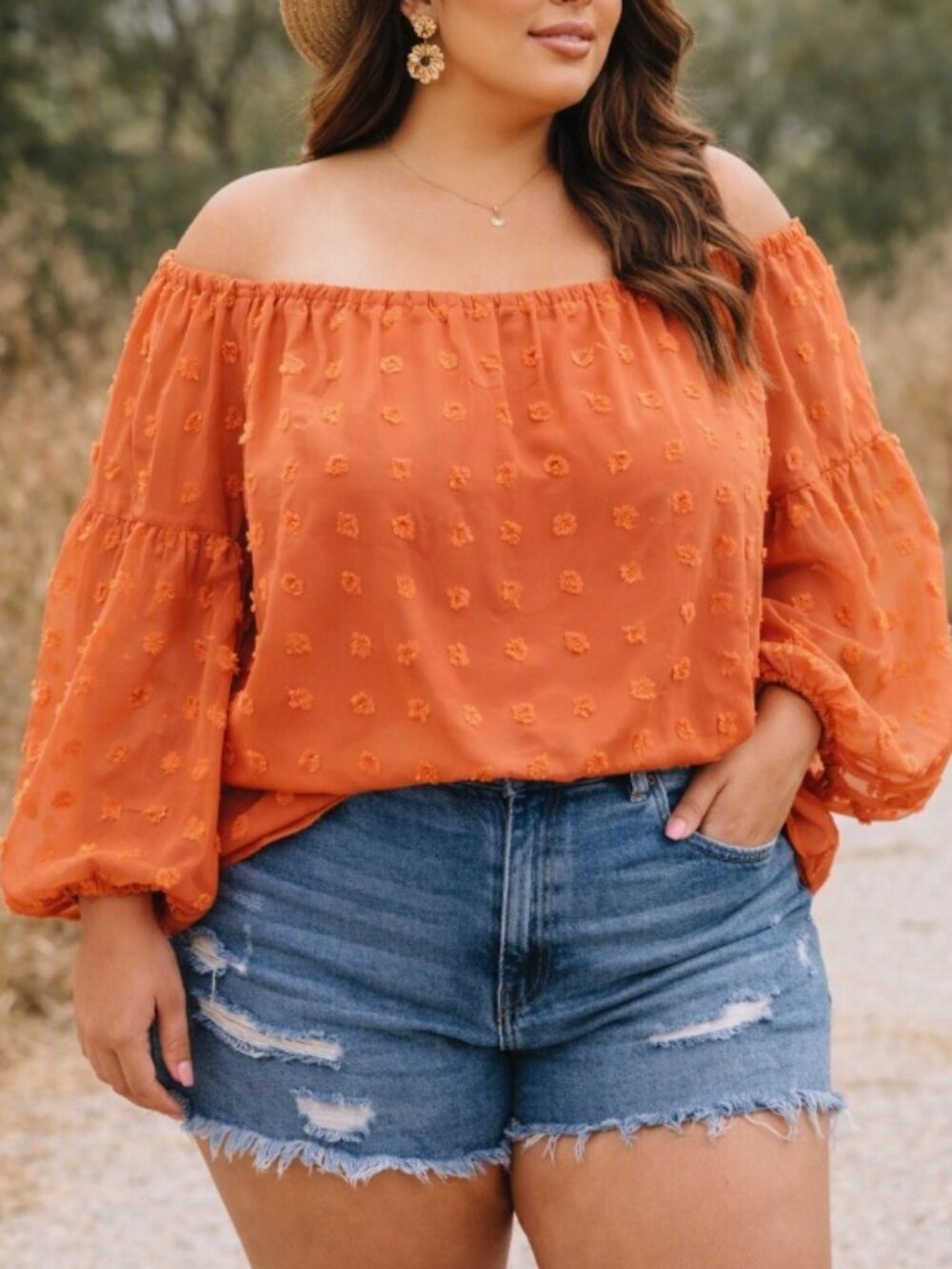 Joress Curve Burnt Orange Swiss Dot Cropped Top Blouse Plus 2XL Boho Cottagecore